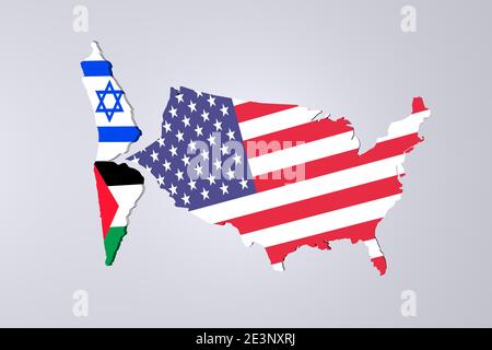 Rendu 3d d'un drapeau des Etats-Unis et d'Israël et de la Palestine, comme modèle 3d, montré comme un contour du pays Banque D'Images
