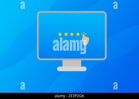 Cinq étoiles dans un écran de moniteur avec la main, le client ou l'utilisateur mettant les cinq étoiles pour une bonne expérience dans le site Web ou les affaires réussies en ligne. Banque D'Images