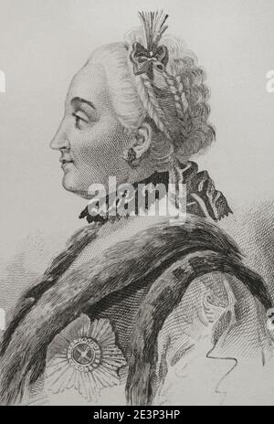 Catherine la Grande ou Catherine II (1729-1796). Impératrice de Rusia de 1762 à 1796. Portrait. Gravure par Lemaitre, Vernier et Lesueur. Histoire de la Russie par Jean Marie Chopin (1796-1870). Panorama Universal, édition espagnole, 1839. Banque D'Images