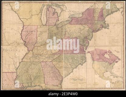 Carte des États-Unis, présentant les routes de poste, les situations, les connexions et les distances des bureaux de poste, des routes de scène, des comtés et des principaux fleuves Banque D'Images