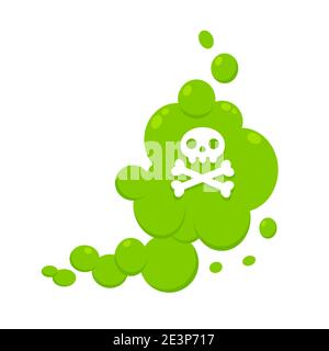 Dessin animé vert odorant fart nuage plat style dessin vectoriel illustration avec crossbone crâne. Mauvaise odeur ou odeur toxique bande dessinée nuage de fumée isolé Illustration de Vecteur