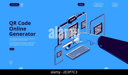 Générateur de code QR en ligne. Application mobile, service numérique pour générer un code qrcode pour les paiements électroniques, l'identification et l'affichage des informations. Page de renvoi vectorielle avec périphériques isométriques et main de pointage Illustration de Vecteur