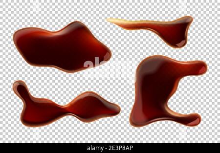 Verser la sauce soja ou le flaque de cola isolé gouttes de liquide brun vue du dessus sur fond transparent. Soda soda splatters, abstrait déversé des bobs de condiment asiatique, réaliste 3d illustration vectorielle, jeu d'icônes Illustration de Vecteur