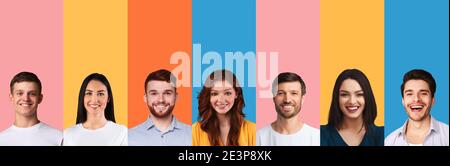 La rangée d'hommes et de femmes caucasiens Portraits sur différents arrière-plans Banque D'Images