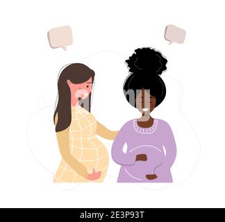 Une fille enceinte parle l'une à l'autre. Les femmes d'affaires discutent de réseaux sociaux, discutent avec des bulles de dialogue, discutent des moments de travail. Vecteur moderne Illustration de Vecteur