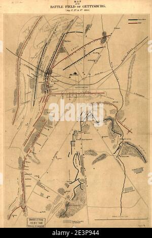 Carte du champ de bataille de Gettysburg. (1er, 2 et 3 juillet 1863). Banque D'Images