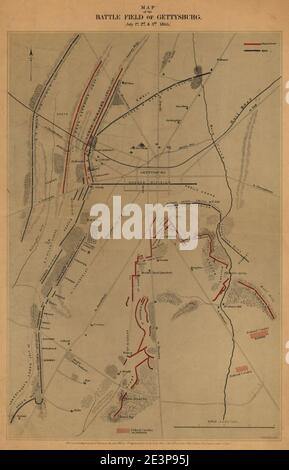 Carte du champ de bataille de Gettysburg. (1er, 2 et 3 juillet 1863) Banque D'Images