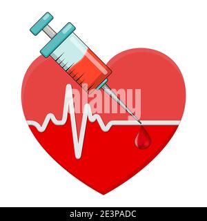 Battement de coeur et seringue avec goutte de sang. Forme de coeur rouge avec vaccin en elle. Icône vectorielle isolée sur fond blanc. Illustration de Vecteur
