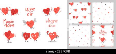 Ensemble d'illustrations vectorielles mignonnes isolées sur blanc. Rouge kawaii souriant coeurs. Clip art pour un design romantique. Couple amoureux. Motifs sans couture Illustration de Vecteur
