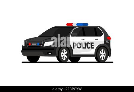 Bande dessinée de sécurité de vus de camion de police. Icône plate vecteur de croiseur de police américaine Illustration de Vecteur