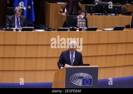 Bruxelles, Belgique. 20 janvier 2021. Le Premier ministre portugais Antonio Costa s'entretient au cours d'une session plénière au Parlement européen. Crédit: ALEXANDROS MICHAILIDIS/Alamy Live News Banque D'Images