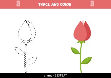 Trace et couleur de la fleur rose de Valentin. Jeu éducatif pour les enfants. Pratique de l'écriture et de la coloration. Illustration de Vecteur