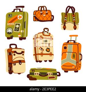 Sacs à bagages, valises et sacs à dos pour le voyage et les vacances. Ensemble de sacs de voyage Vector plat pour bagages et valises avec roues, ceintures et autocollants isolés sur fond blanc Illustration de Vecteur