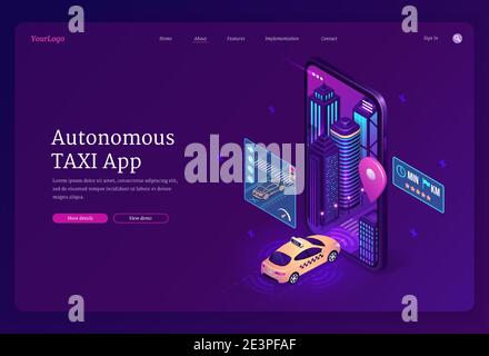 Page d'accueil isométrique de l'application de taxi autonome, commande en ligne du service de transport. Taxi jaune dans un immense écran de téléphone mobile avec des bâtiments de la ville. Application de commande de voiture, bannière web 3d Vector Illustration de Vecteur