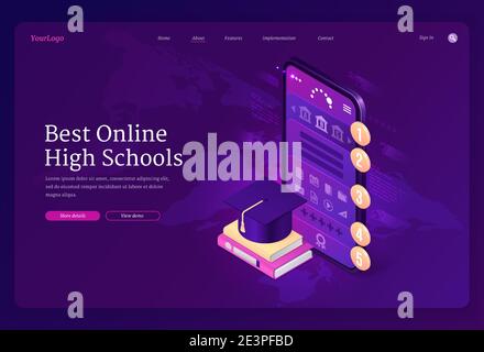 Meilleure bannière en ligne des écoles secondaires. Évaluation des services pour l'apprentissage sur Internet, l'université et l'université. Page d'accueil Vector de l'apprentissage en ligne académique avec smartphone isométrique, livres et chapeau de diplôme Illustration de Vecteur