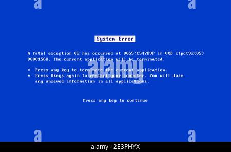 Écran BSOD ancien logiciel de plantage d'erreur 98. PC bug du système de mort sur écran bleu, écran de bsod Illustration de Vecteur