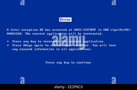 Écran BSOD ancien logiciel de plantage d'erreur 98. PC bug du système de mort sur écran bleu, écran de bsod Illustration de Vecteur