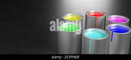 Les pots de peinture construisent une roue de couleurs avec les couleurs primaires RVB du modèle de couleur additive (rouge, vert, bleu) utilisé pour les moniteurs et le col de processus CMY Banque D'Images