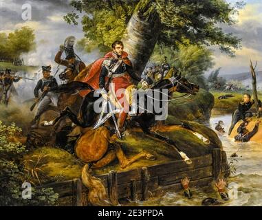 Mort du prince Józef Antoni Poniatowski (1763-1813) le 19 octobre à la bataille de Leipzig, peinture par Horace Vernet, 1816 Banque D'Images