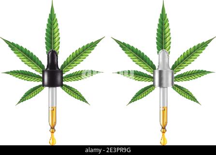 Cannabis médical ( marijuana ) compte-gouttes pour les feuilles et les yeux avec de l'huile essentielle de CBD. Illustration vectorielle. Illustration de Vecteur