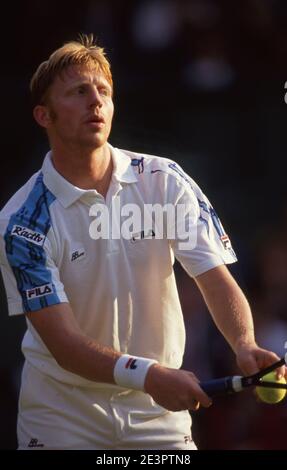 Joueur de tennis Boris Becker Wimbledon 1991 Photographie par Tony Henshaw Banque D'Images