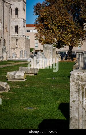 Vestiges archéologiques du Forum romain, vieille ville, Zadar, Dalmatie, Croatie Banque D'Images