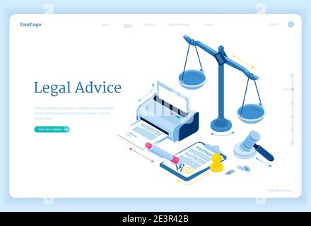 Conseils juridiques page d'accueil isométrique. Assistance d'un avocat pour les questions juridiques de réglementation et le respect des règles. Avocat service, bannière web 3d vectorielle avec balance, imprimante, gavel et documents Illustration de Vecteur