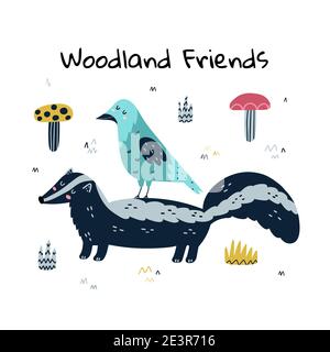 Woodland Friends imprimé amusant avec une mouffette et un corbeau. Carte mignonne avec des personnages de forêt Illustration de Vecteur