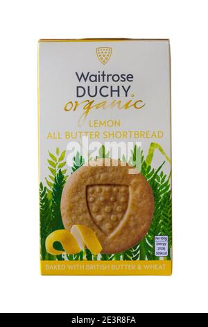 Boîte de Waitrose duché de citron organique tous beurre sablé isolé Sur fond blanc - cuit au beurre britannique et au blé Banque D'Images