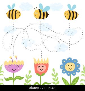 Aidez les abeilles à trouver le chemin vers les fleurs. Jeu de labyrinthe pour les enfants avec des personnages mignons Illustration de Vecteur