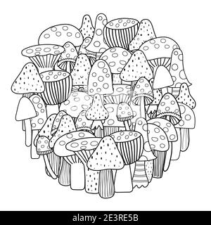Page de coloriage en forme de cercle avec des champignons. Joli imprimé noir et blanc Illustration de Vecteur
