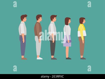 Attente des femmes et des hommes debout dans la ligne. File d'attente de personnes. Illustration vectorielle. Illustration de Vecteur