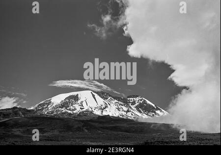 Tanzanie. C'est Kilimanjaro 19340ft en monochrome, la plus haute montagne d'Afrique et de l'hémisphère sud, vu ici depuis le plateau de Shira en regardant vers l'écart du mur de brèche. Banque D'Images