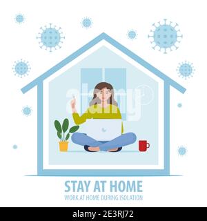 Restez chez vous pendant l'épidémie du coronavirus. Travailler à la maison pendant l'isolement. Une femme travaille à domicile. Illustration vectorielle de style plat Illustration de Vecteur