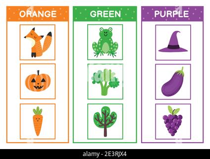 Découvrez les couleurs primaires. Page d'activité de tri des couleurs : orange, vert, violet. Matériel éducatif Illustration de Vecteur