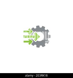Engrenage et trois flèches vertes droites, icône isolée en blanc. Vert et gris. Illustration vectorielle plate pour la technologie ou l'innovation. Technologie pic Illustration de Vecteur
