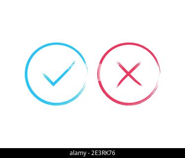 Cochez et croisez les affiches. Coche bleue OK et croix rouge, isolées sur fond blanc. Motif graphique de marques simple. Symboles de cercle bouton OUI et NON f Illustration de Vecteur