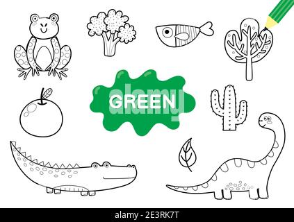 Colorer les éléments en vert. Page de coloriage pour enfants. Matériel éducatif Illustration de Vecteur