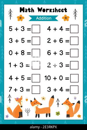 Feuille de calcul pour enfants. Ajout. Page d'activité mathématique avec des renards mignons Illustration de Vecteur