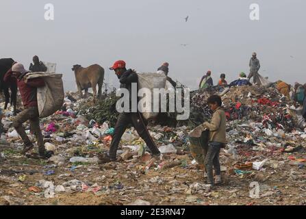 Neu Delhi, Inde. 17 janvier 2021. Un enfant recherche des matières recyclables dans un remblai de Bhalswa à New Delhi, Inde, le 17 janvier 2021. Credit: Vijay Pandey/dpa/Alay Live News Banque D'Images