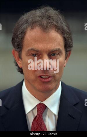 LE PIC DE JEFF GILBERT.PICTURE MONTRE TONY BLAIR, PREMIER MINISTRE BRITANNIQUE, QUI S'EST ENTRETENU AVEC LA PRESSE APRÈS LES POURPARLERS DE PAIX AU MOYEN-ORIENT , TENUS À LONDRES. Banque D'Images