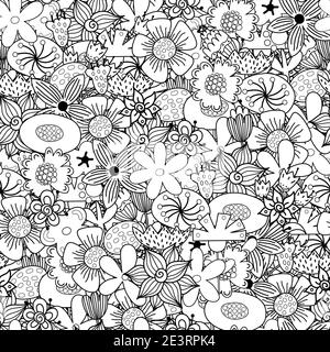 Motif fantaisie sans coutures pour le jardin. Page de coloriage des fleurs Doodle. Imprimé fleuri noir et blanc Illustration de Vecteur