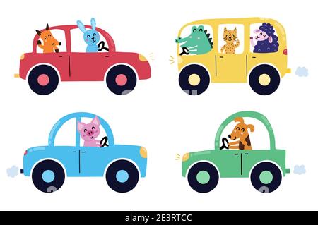 Animaux mignons volant dans voitures clipart ensemble. Personnages de dessins animés dans leurs véhicules pour enfants Illustration de Vecteur