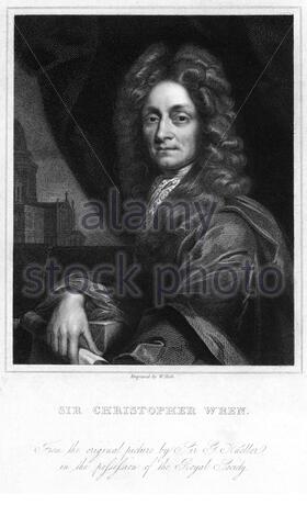 Sir Christopher Wren portrait, 1632 – 1723, était un architecte anglais très acclamé, ainsi qu'un anatomiste, astronome, géomètre et mathématicien-physicien, illustration ancienne de 1880 Banque D'Images