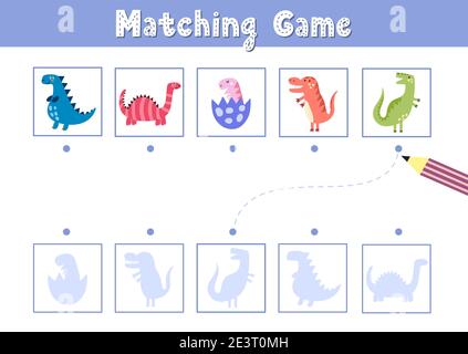 Trouvez le jeu d'ombre correspondant correct avec les dinosaures mignons. Page d'activité amusante pour les enfants Illustration de Vecteur