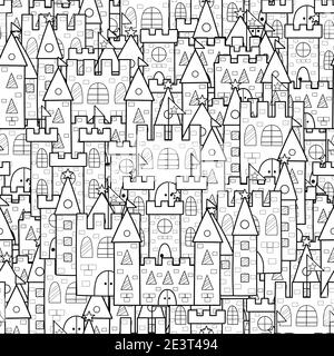 Motif noir et blanc sans couture Magic kingdom. Page de coloriage fantaisie Illustration de Vecteur