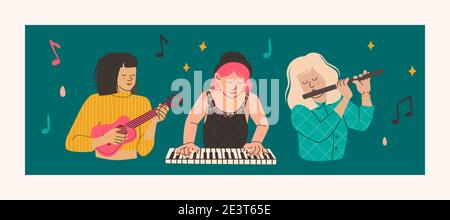 Les filles jouent des instruments de musique - flûte, ukulele, piano. Concept musical girl-band. Femmes musiciens. Illustration vectorielle des caractères de tendance à plat Illustration de Vecteur