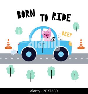 Imprimé porté et porté avec un joli cochon volant la voiture bleue. Arrière-plan amusant de style dessin animé pour les enfants Illustration de Vecteur