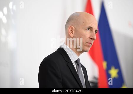 Vienne, Autriche. 19th janvier 2021. Conférence de presse conjointe avec le ministre du travail, Martin Kocher (ÖVP), sur le thème "informations actuelles sur l'emploi dans le tourisme". Banque D'Images