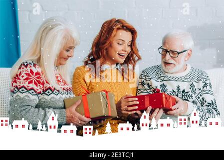 femme excitée prenant des cadeaux de noël de parents heureux, illustration de neige Banque D'Images